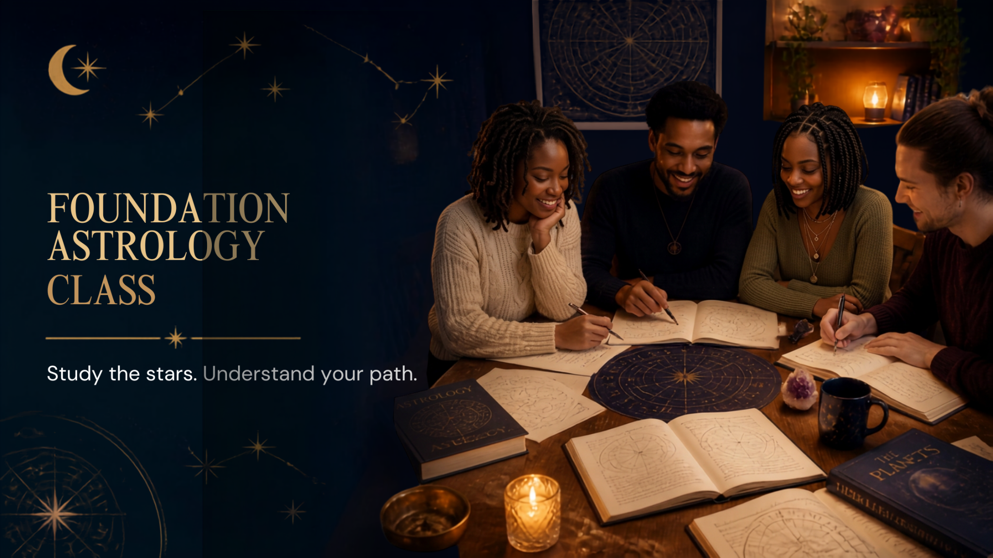 Foundation Astrology Class — students studying birth charts together